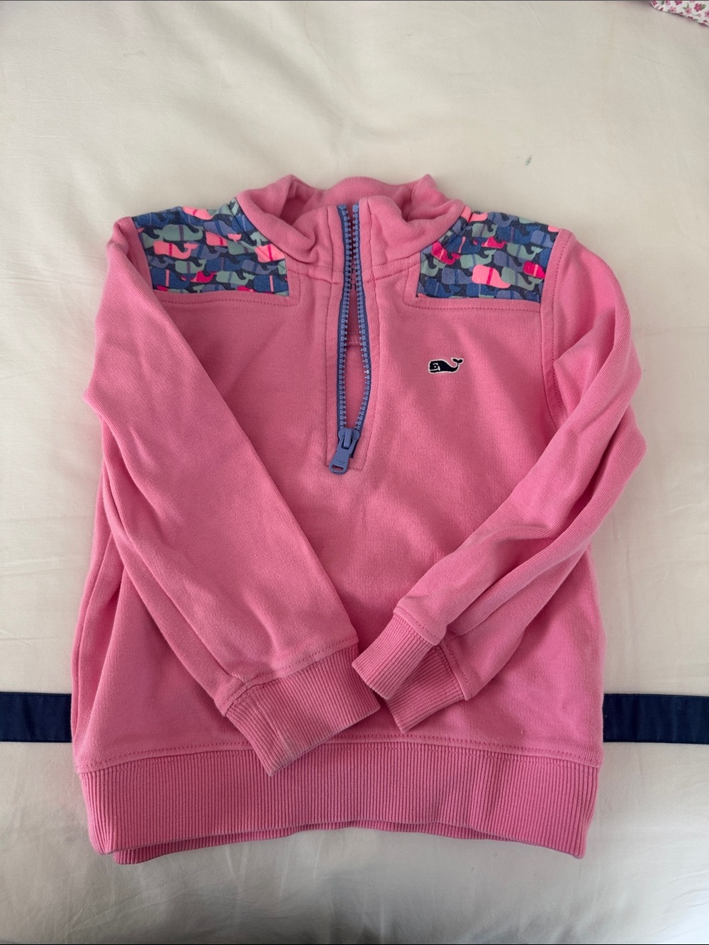 Vineyard Vines Pink Quarter-Zip Fleece Pullover with Patterned Shoulder Panels